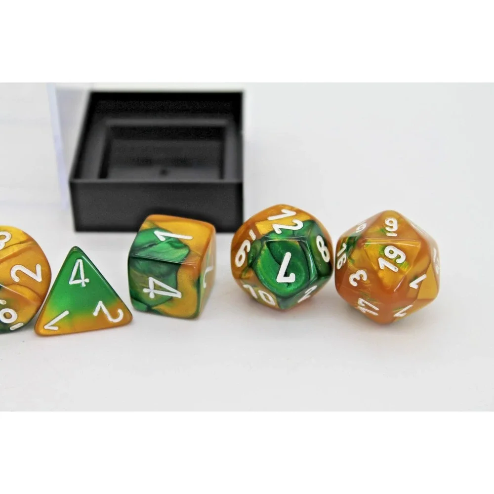 7 Piece Polyhedral Blend Orange Green Gaming Dice Set With Container D&D RPG